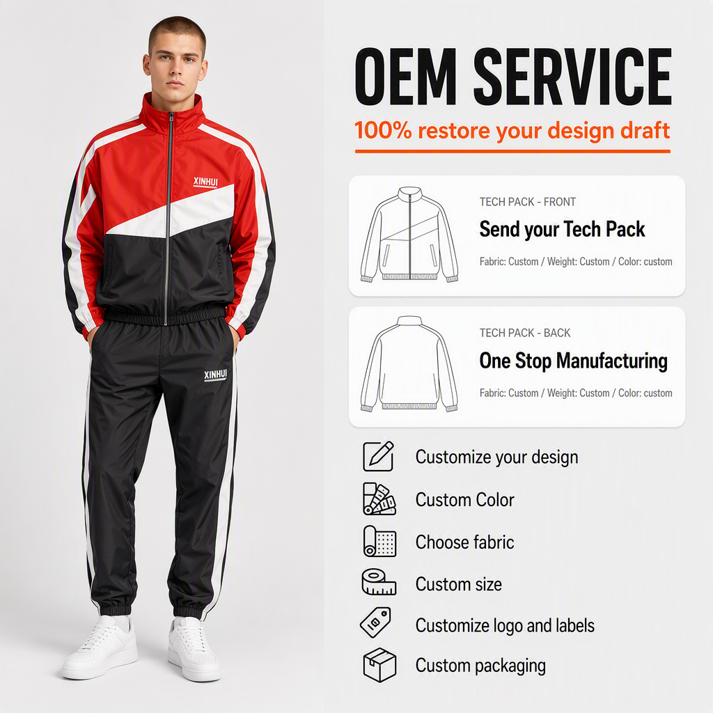 Custom Sweatsuit Manufacturer Embroidery Zip Up Jacket Jogger Pants Set Color Block Nylon Windbreaker Jackets Tracksuits For Men
