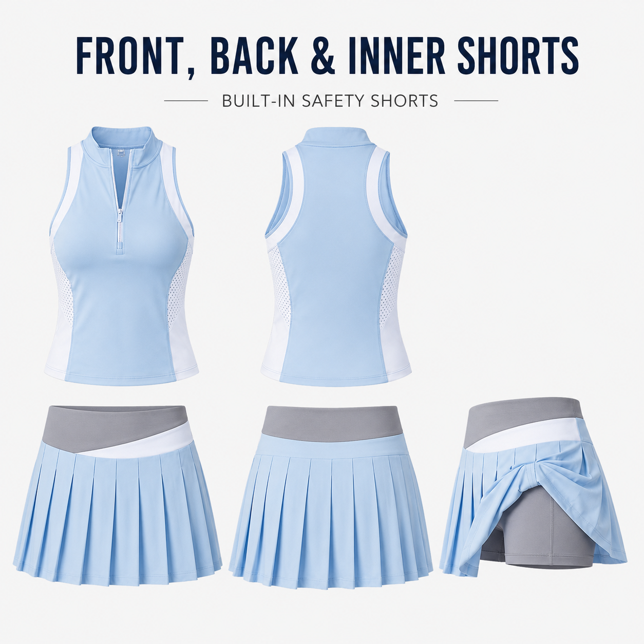 Custom Women Tennis Outfit Sleeveless Zip Top and 2 in 1 Skirt Set Quick Dry Breathable for Sports Court Training