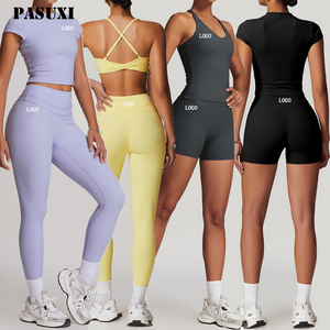 PASUXI OEM 2026 Sports Bra T Shirt Clothing 4 Piece Leggings Suits Running Fitness Set
