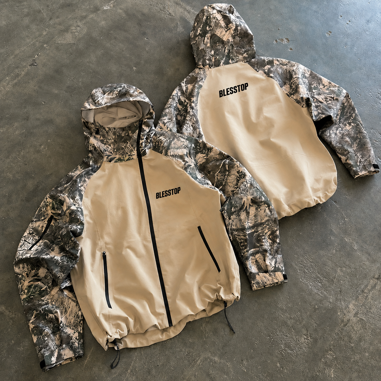 BlessTop Custom Windproof Camouflage Jacket Waterproof Lightweight Nylon Hooded Windbreaker Outdoor Jacket OEM Manufacturer