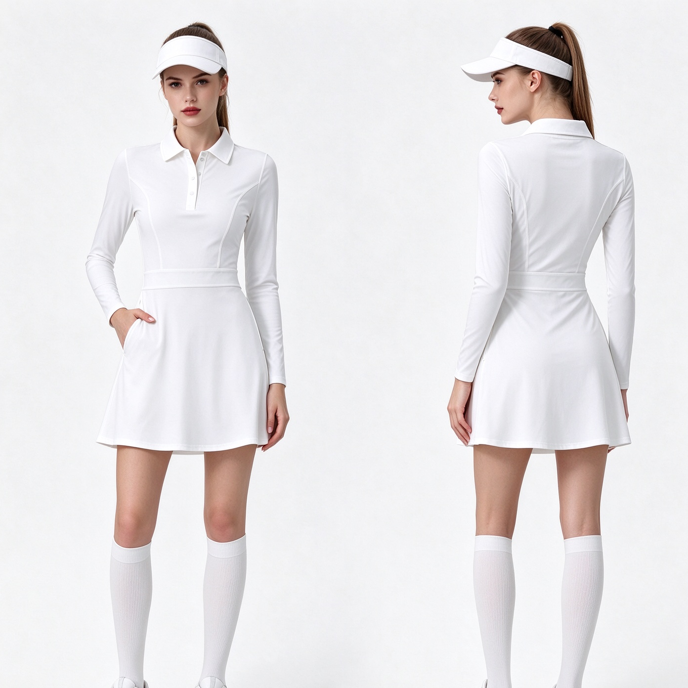 Custom Women Long Sleeve Sports Tennis Dress Side Pockets Outdoor Golf Running Fitness Activewear Skirt