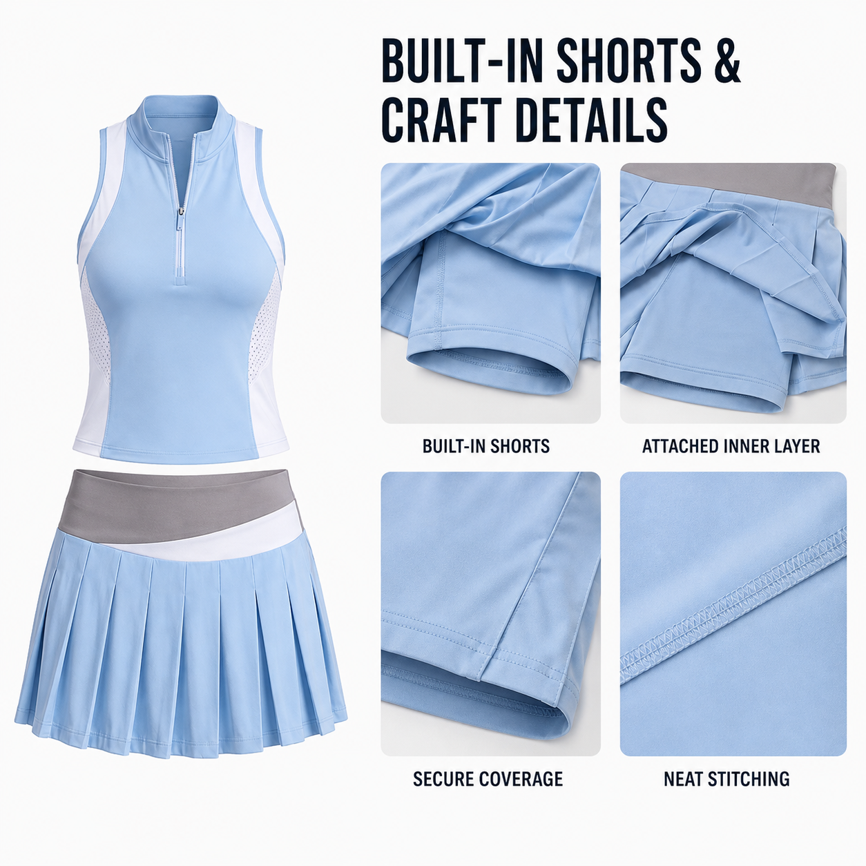 Custom Women Tennis Outfit Sleeveless Zip Top and 2 in 1 Skirt Set Quick Dry Breathable for Sports Court Training
