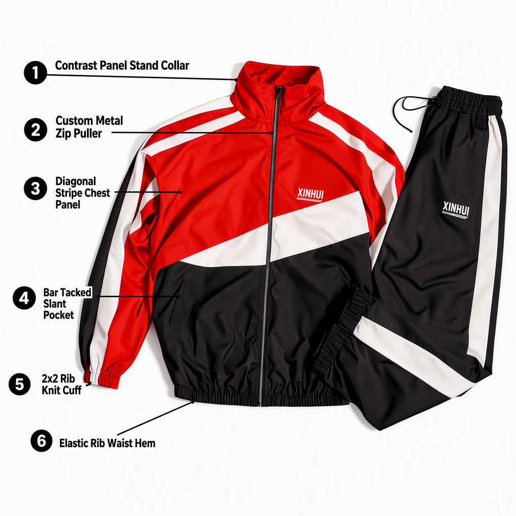 Custom Sweatsuit Manufacturer Embroidery Zip Up Jacket Jogger Pants Set Color Block Nylon Windbreaker Jackets Tracksuits For Men
