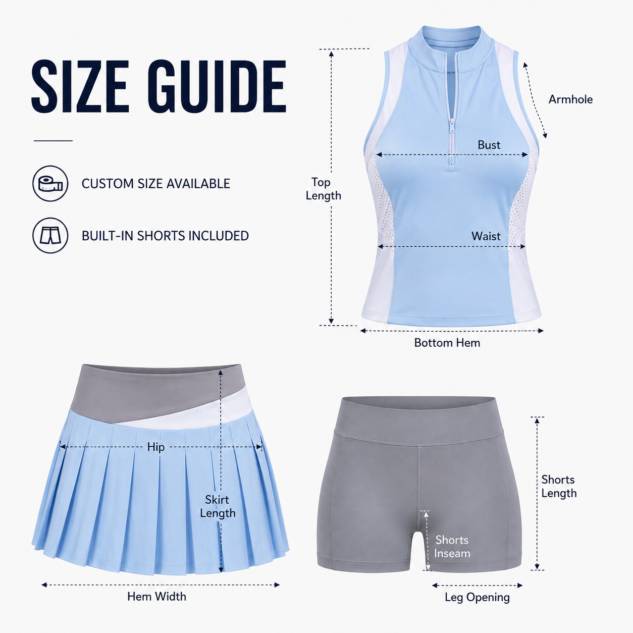 Custom Women Tennis Outfit Sleeveless Zip Top and 2 in 1 Skirt Set Quick Dry Breathable for Sports Court Training