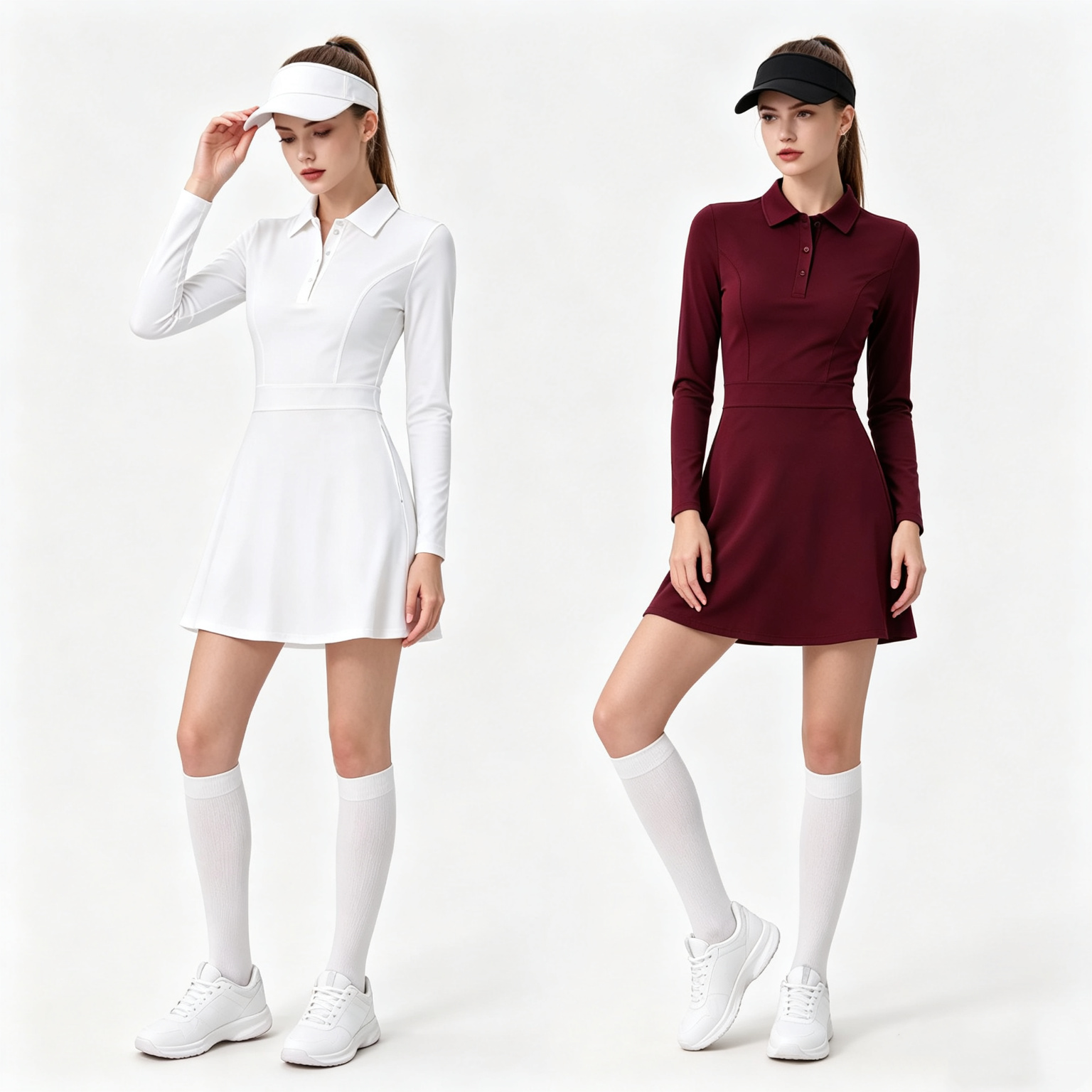 Custom Women Long Sleeve Sports Tennis Dress Side Pockets Outdoor Golf Running Fitness Activewear Skirt