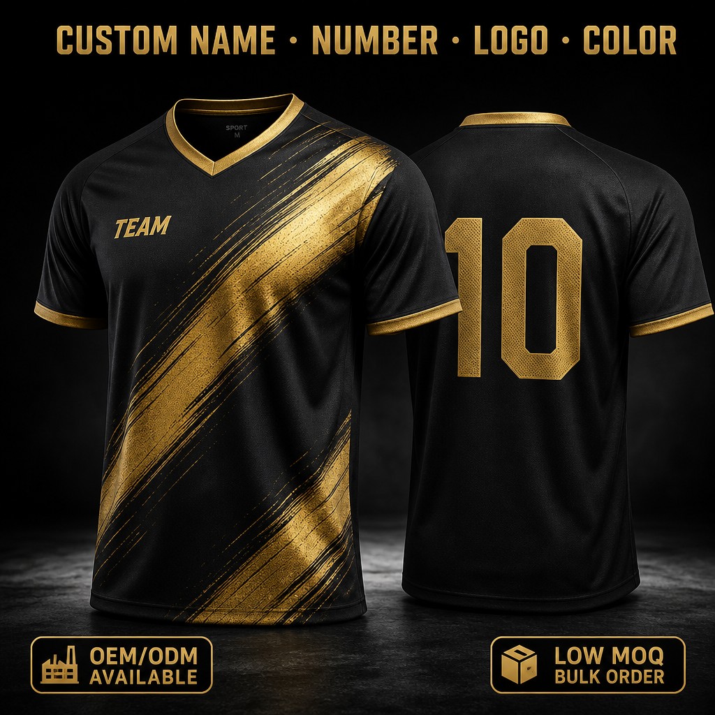 Custom Gold Slash Panel Soccer Jersey Sublimation Premium Teamwear OEM Manufacturer Loose Fit