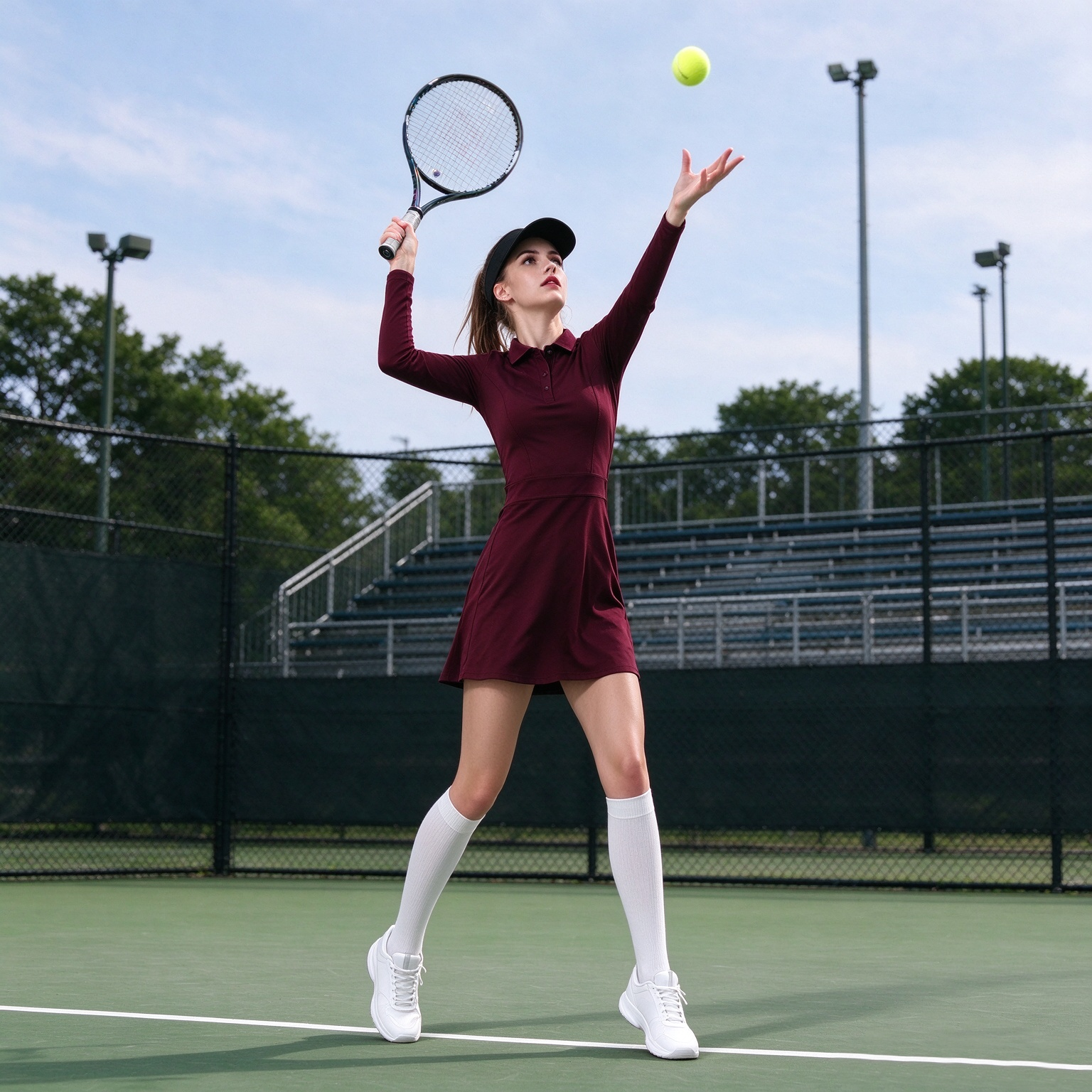 Custom Women Long Sleeve Sports Tennis Dress Side Pockets Outdoor Golf Running Fitness Activewear Skirt